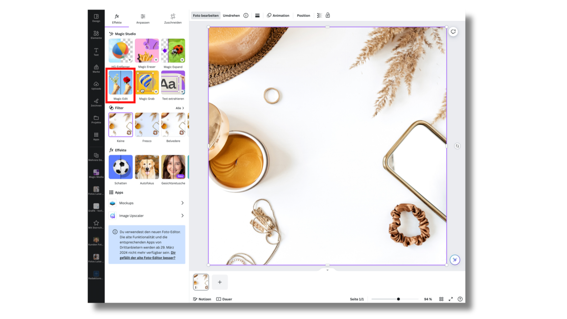 Mit wenigen Klicks kannst Du störende Objekte aus Deinen Fotos entfernen oder neue Elemente hinzufügen. Wähle dazu das entsprechende Bild aus, klicke auf „Foto bearbeiten“ und wähle „Magic Edit“.