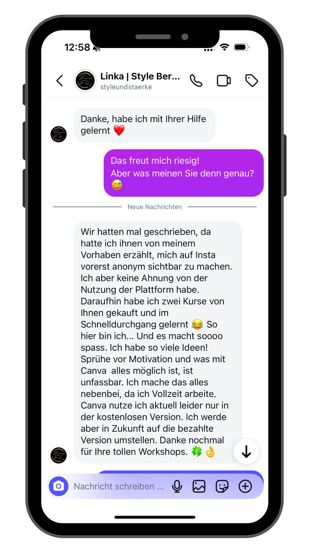 Screenshot einer Kundennachricht zum INSTAGRAM EINFACH MACHEN Kurs. Die Kundin hat jetzt viel Motivation und Ideen, was sie mit Instagram machen kann.