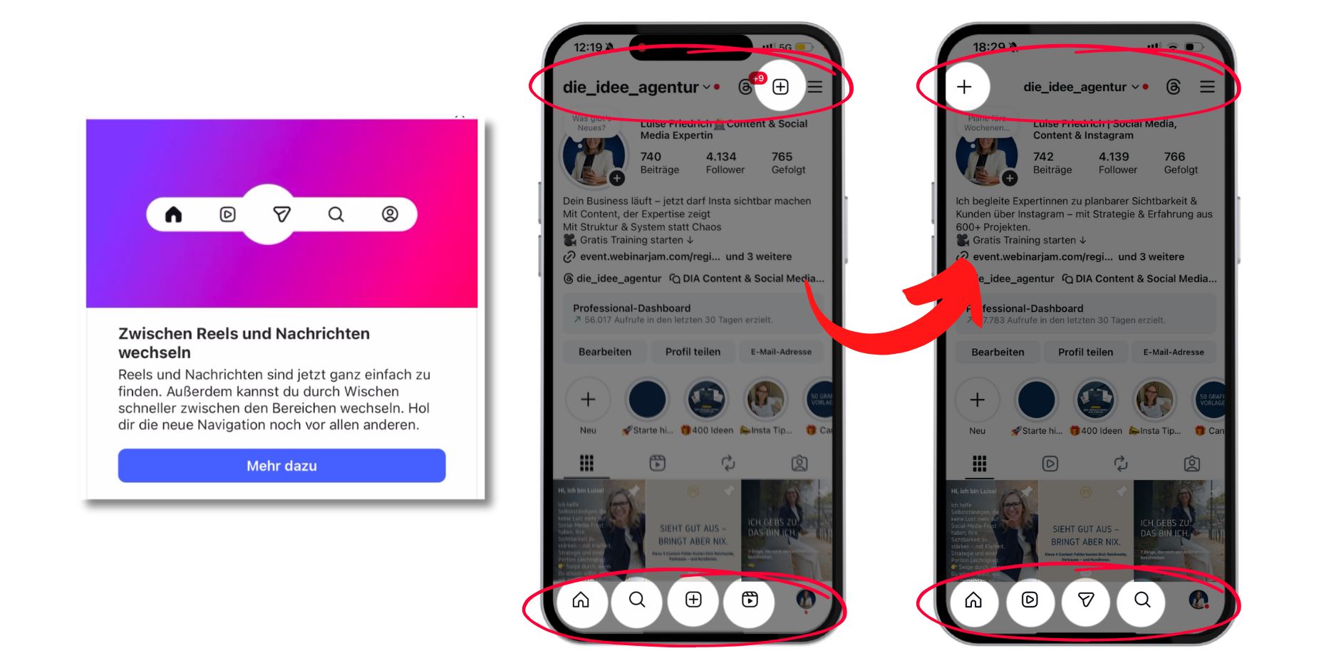 Screenshot des neuen Instagram Updates 2025 mit Swipe-Navigation zwischen Reels, Feed und Direktnachrichten.